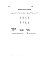 Winter Olympic Sports Word Search (Easy)